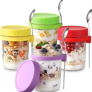 LANDNEOO 4 Pack Overnight Oats Containers: 16 oz Glass Jars with Lids & Spoons