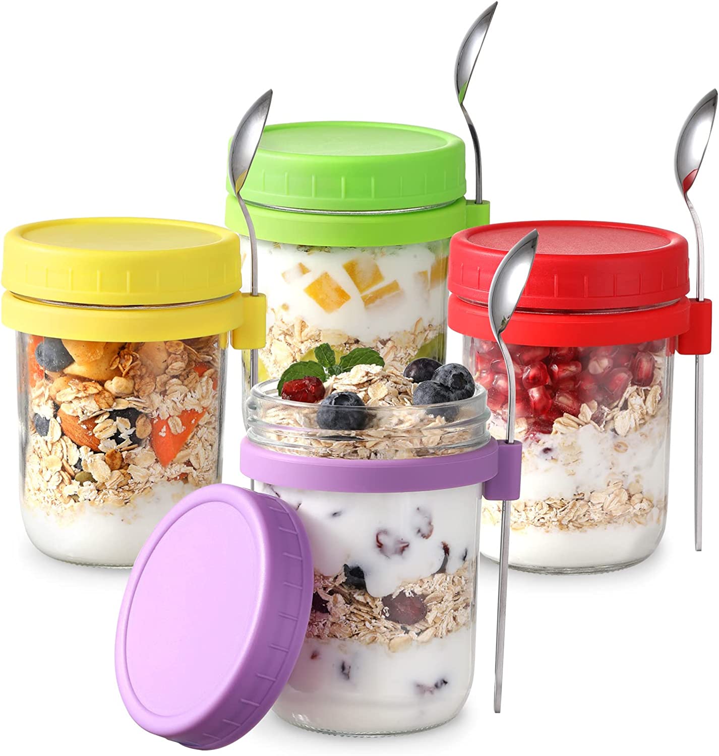 LANDNEOO 4 Pack Overnight Oats Containers with Lids and Spoons, Large Capacity Airtight Jars for Milk, Cereal, Fruit